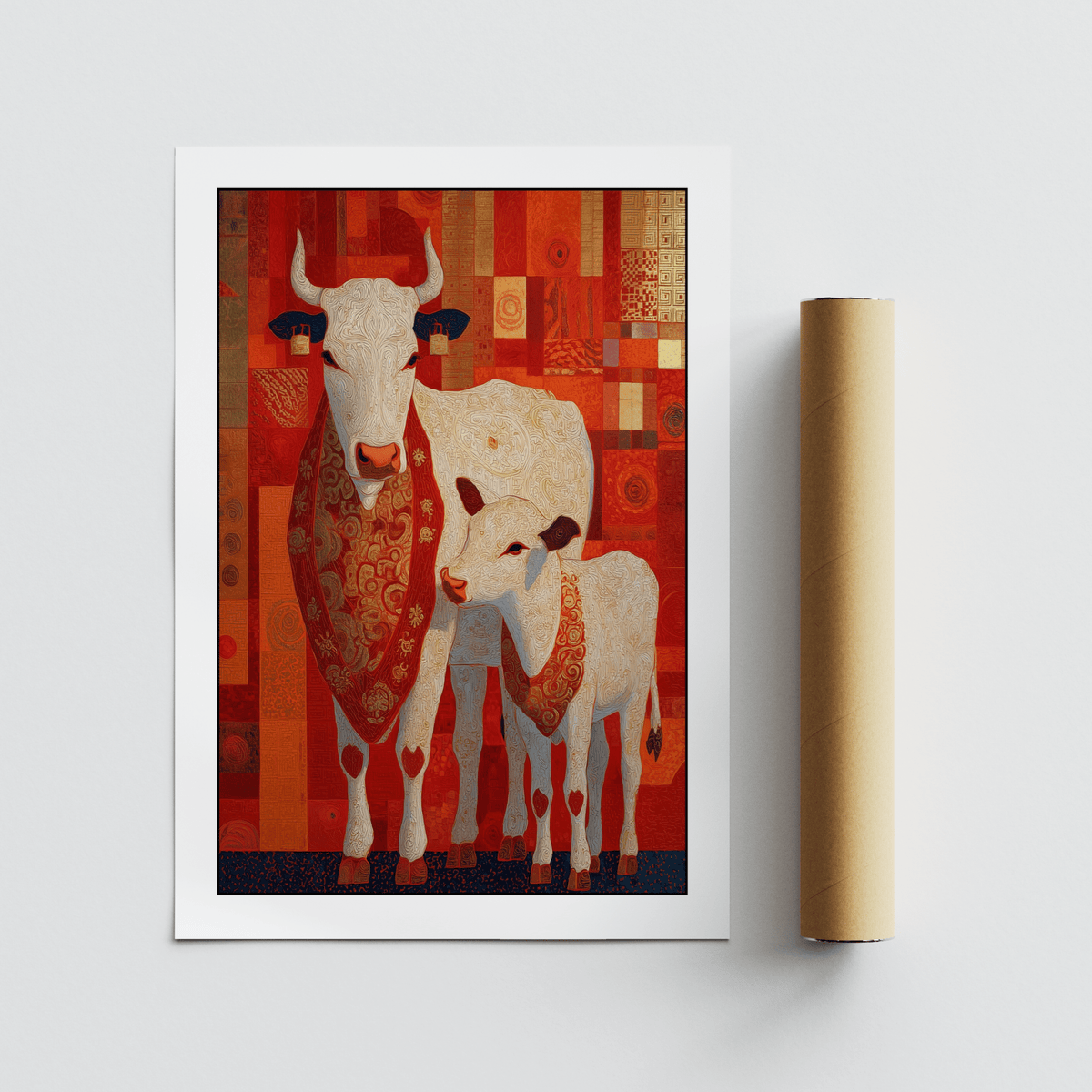 Sacred Cow Wall Art canvas mounted in meditation corner with soft lighting