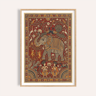 Ornate folk elephant wall art poster with birds, lotus flowers, and patterned border
