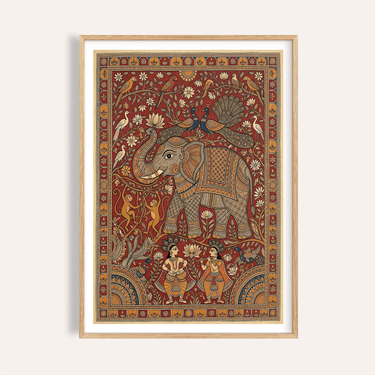Ornate folk elephant wall art poster with birds, lotus flowers, and patterned border