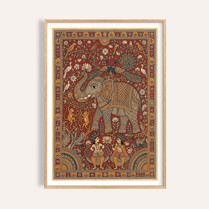 Ornate folk elephant wall art poster with birds, lotus flowers, and patterned border