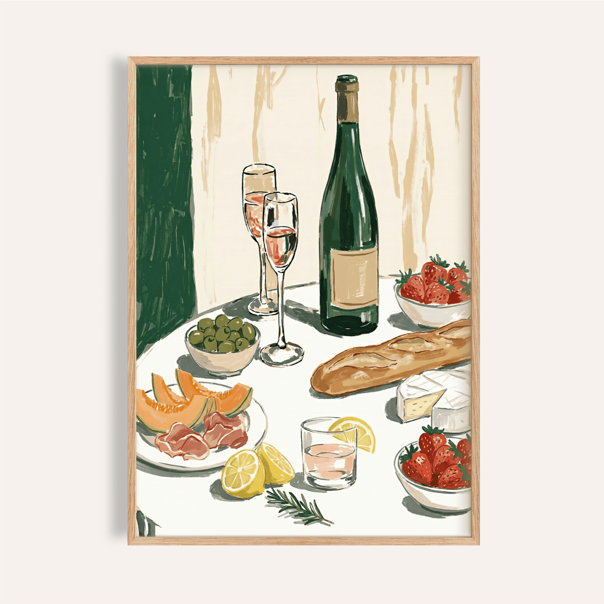 Food and Wine Art Print with multicolored palette for kitchen wall art