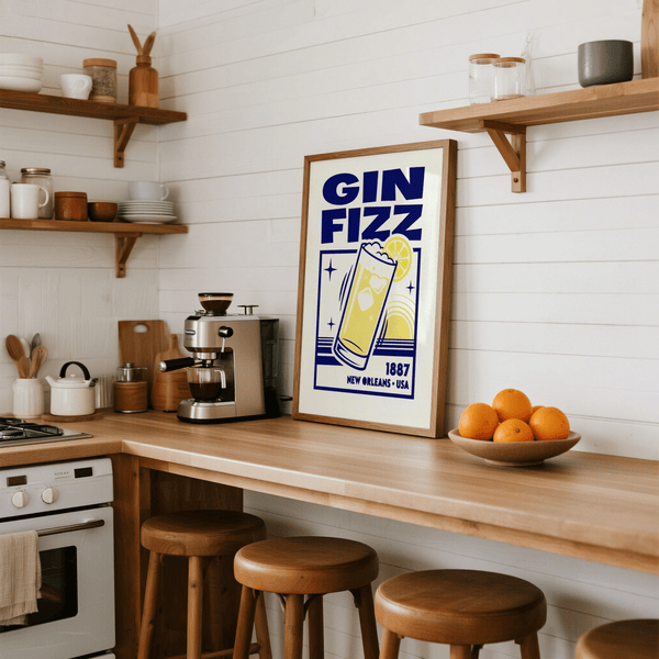Retro Vintage Gin Fizz Print poster in Blue and Yellow for bar decor