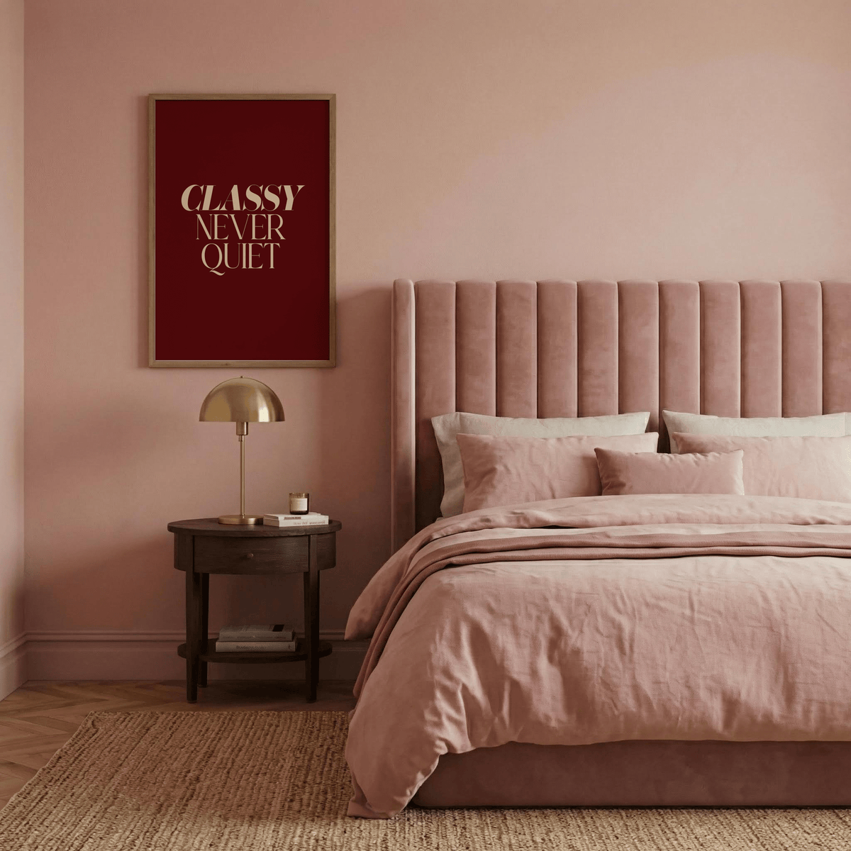 Modern quote wall art highlighting “CLASSY NEVER QUIET” in precision serif type