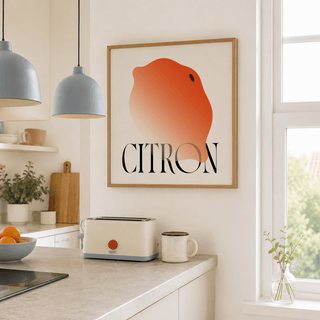 Minimalist lemon wall art print with large serif CITRON lettering beneath fruit silhouette