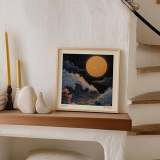 Contemporary Japanese art pictures with glowing moonlit waves