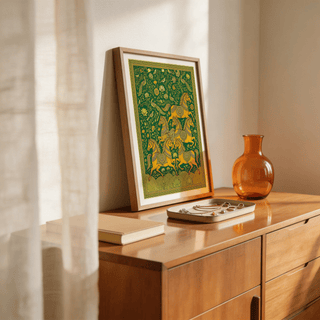 Indian Horse Art Print poster with floral vines and bird accents