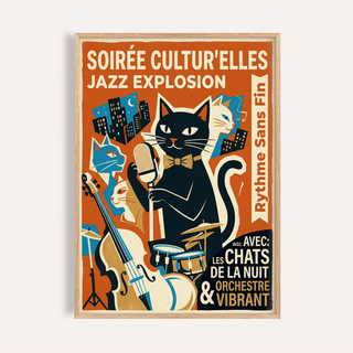 Vintage Jazz Poster front view showing black cat singer and French text