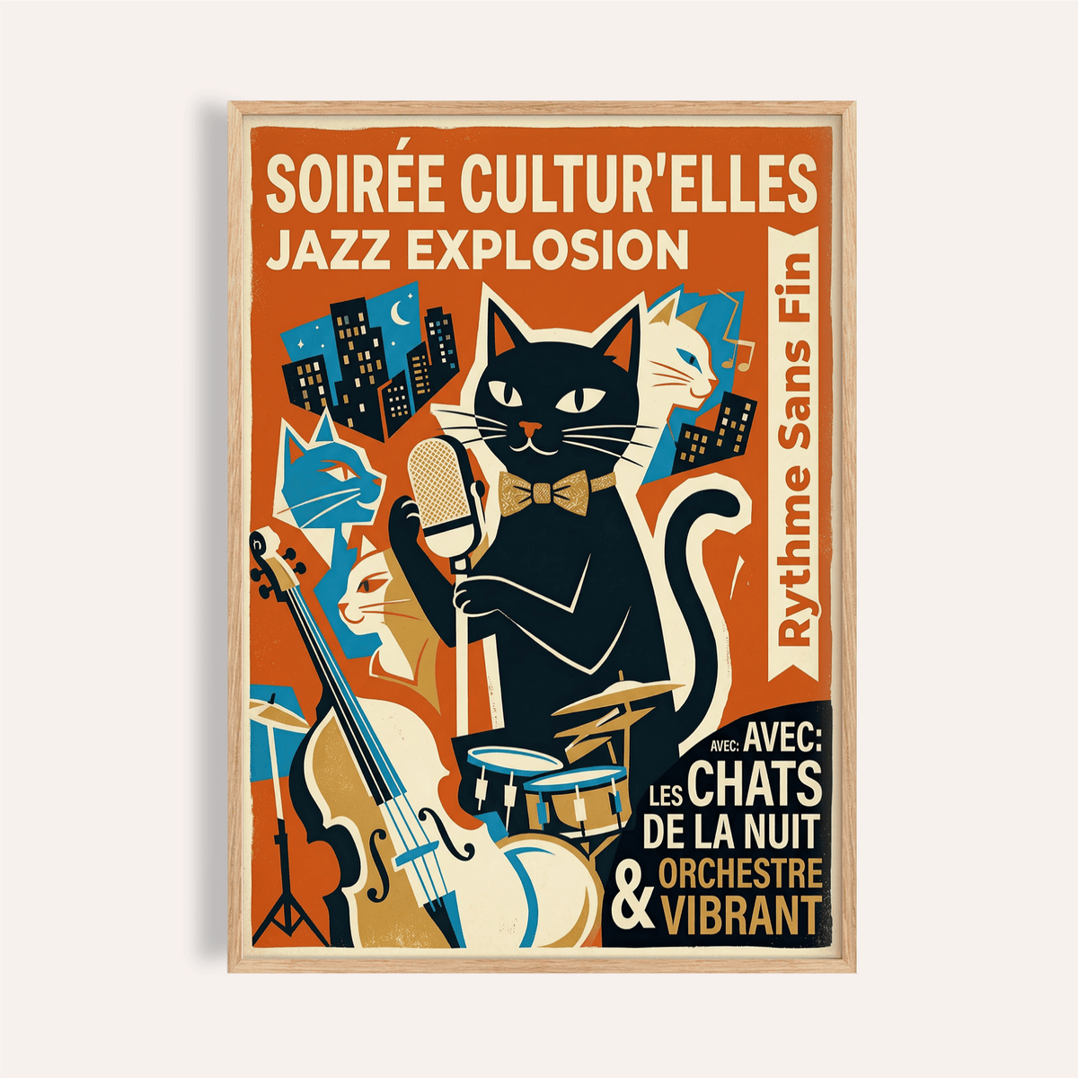 Vintage Jazz Poster front view showing black cat singer and French text