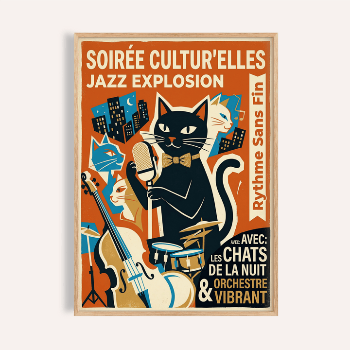 Vintage Jazz Poster front view showing black cat singer and French text