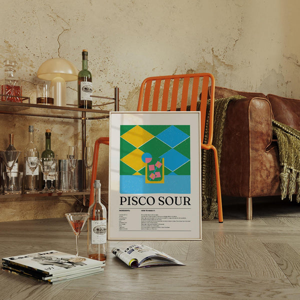 Colorful posters artwork with yellow cocktail glass and pink and blue accents.