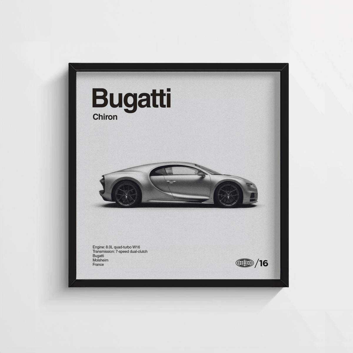 Black Bugatti Chiron Art Print in contemporary studio room wall art