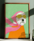 Funny Pet Poster, white dog with pink scarf for nursery art print