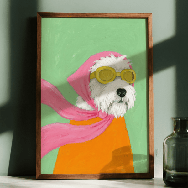 Funny Pet Poster, white dog with pink scarf for nursery art print