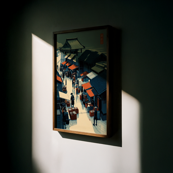 Depicting traditional street market illustration poster with baskets and stalls