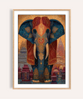 Centered Colorful Indian Art Print elephant poster with ornate mosaic pattern and temple skyline background