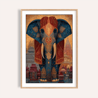 Framed close-up of a colourful Indian art print featuring a decorated elephant with intricate patterns