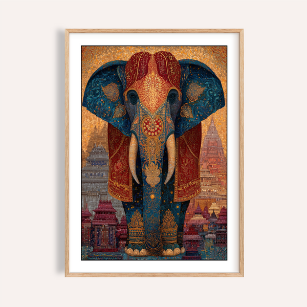 Centered Colorful Indian Art Print elephant poster with ornate mosaic pattern and temple skyline background
