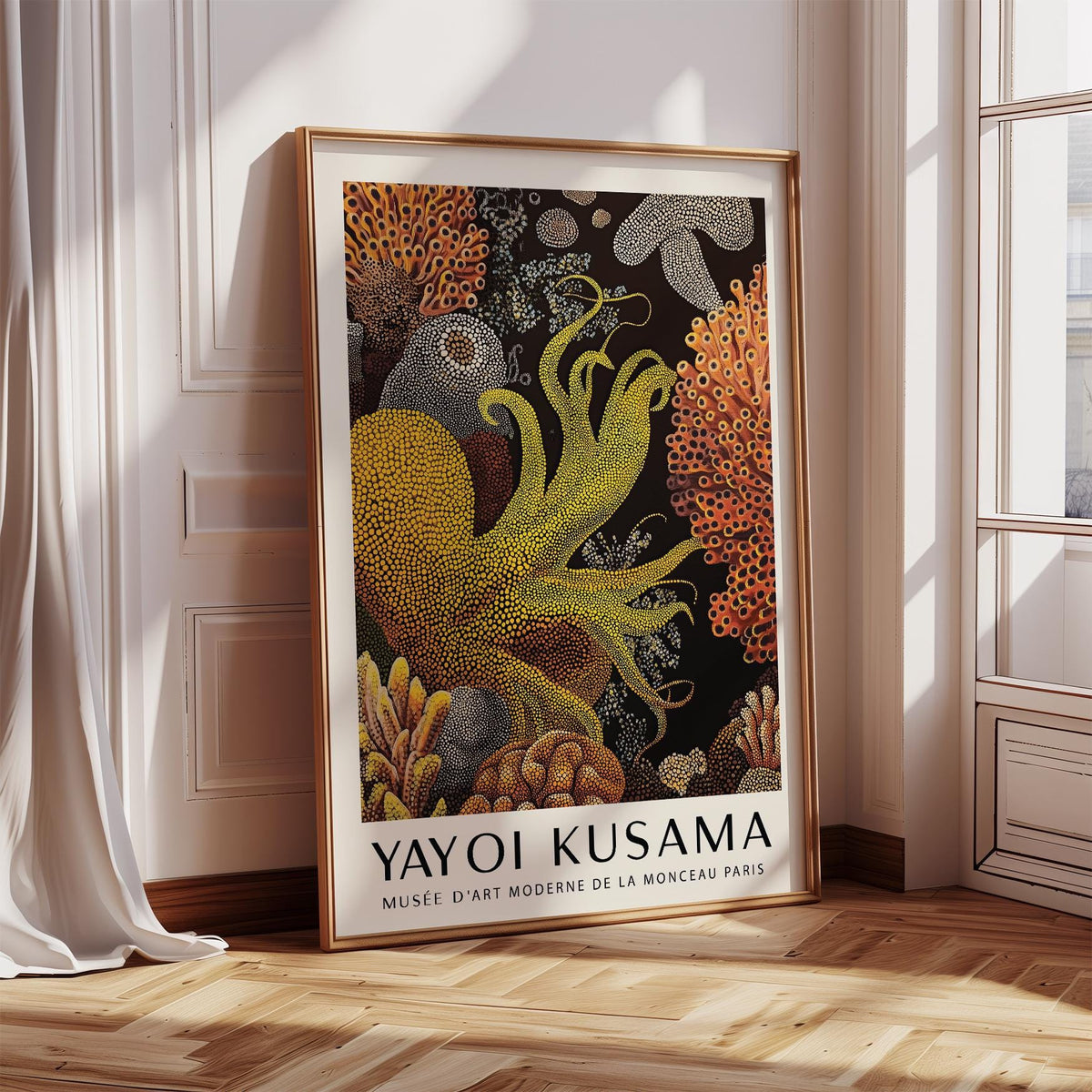 Octopus wall art with yellow tentacles and abstract coral reef backdrop.