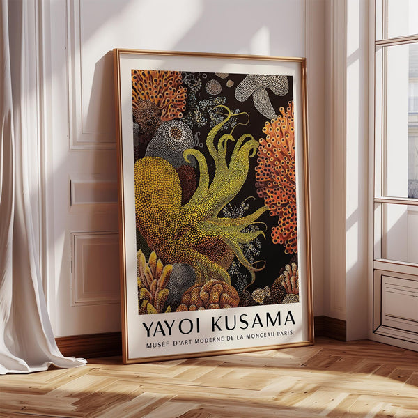 Octopus wall art with yellow tentacles and abstract coral reef backdrop.