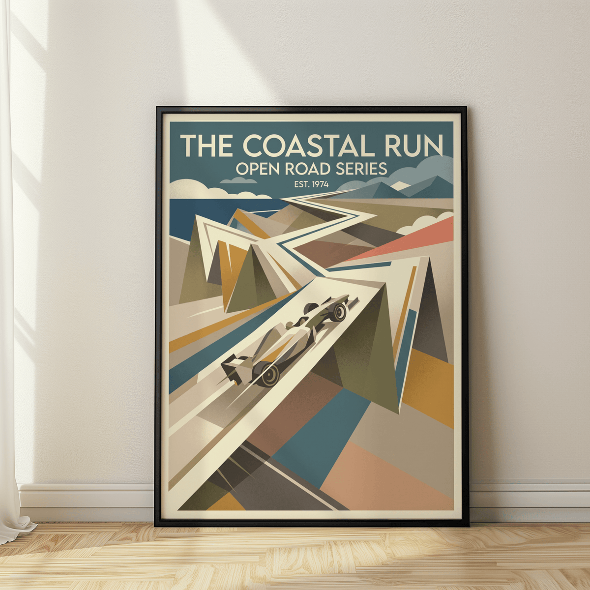 Overview of racing wall art print showing a streamlined car on an angular winding roadway