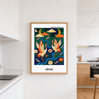 Framed view of a crane poster print with bold outlines, dot patterns, and stylized flowers