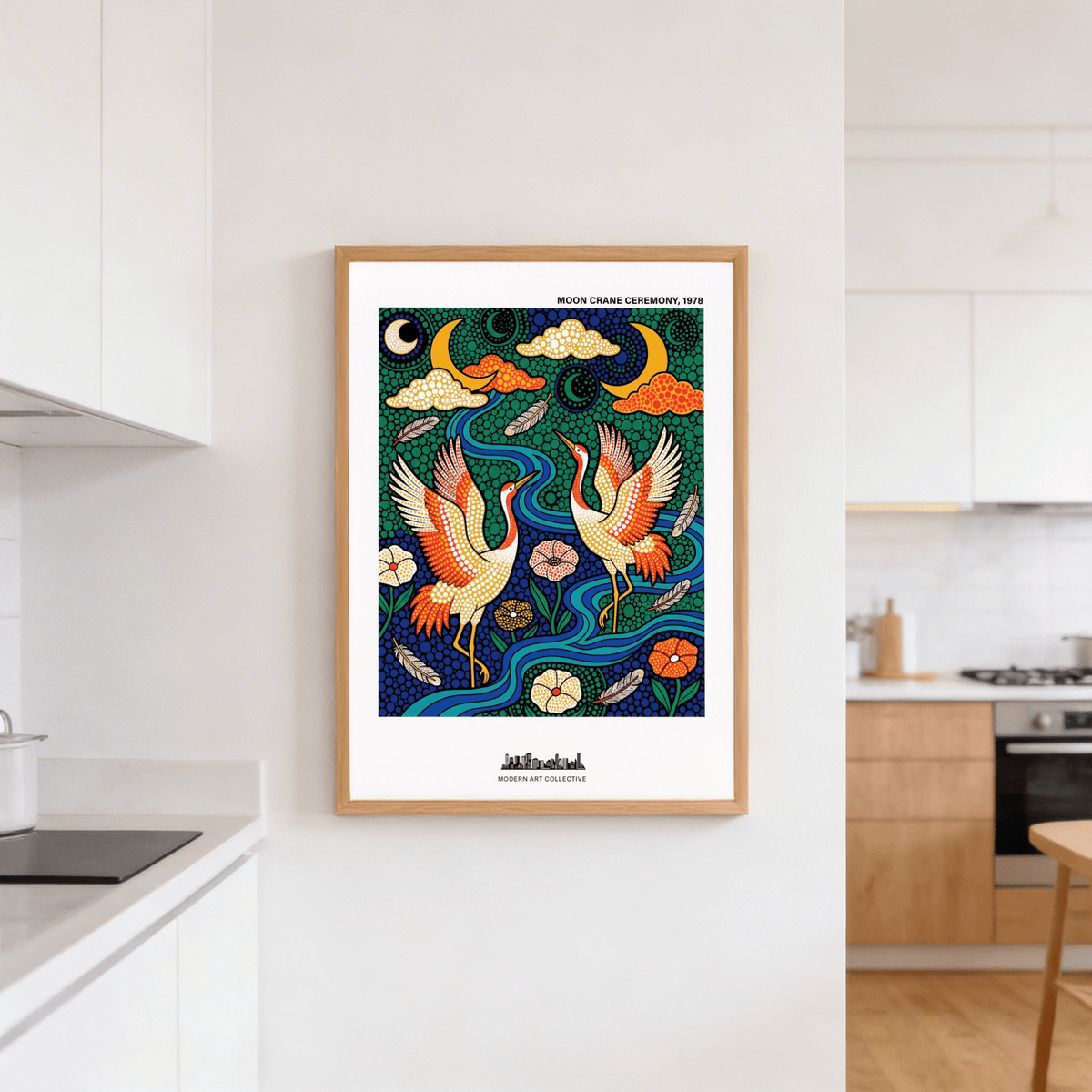 Framed view of a crane poster print with bold outlines, dot patterns, and stylized flowers