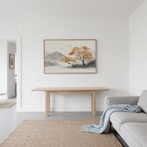 Minimalist Autumn Tree Art Print orange, gray, white tones for home study