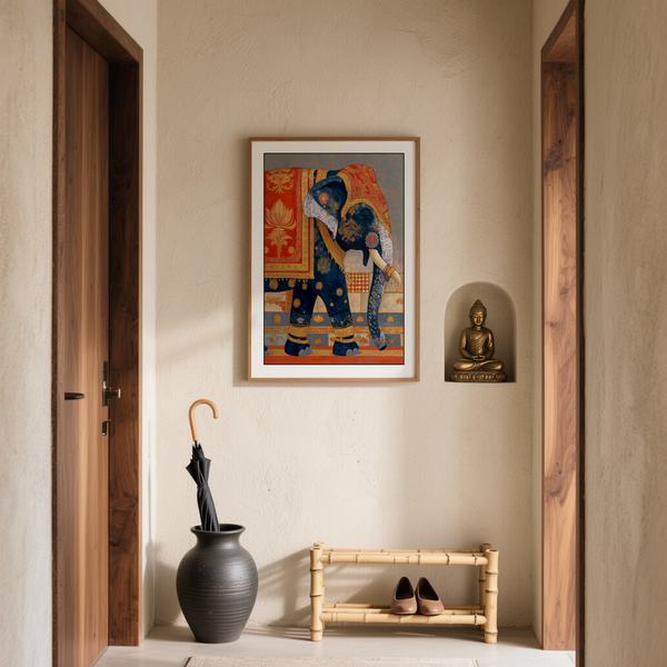 Textile-inspired elephant wall art print with floral detailing and border bands