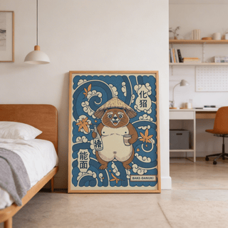Illustrated tanuki wall art poster with straw hat, bottle label, and cloud curls
