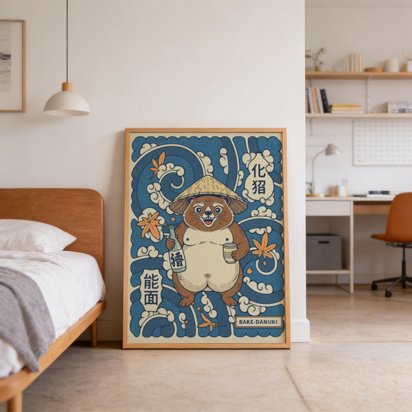 Illustrated tanuki wall art poster with straw hat, bottle label, and cloud curls
