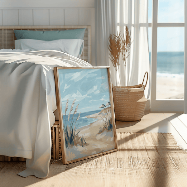 Beach Landscape Art Print with Blue sky, Beige sand for entryway