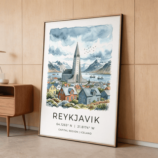 Nordic travel poster style cityscape with distant snow-capped peaks and small fishing boats