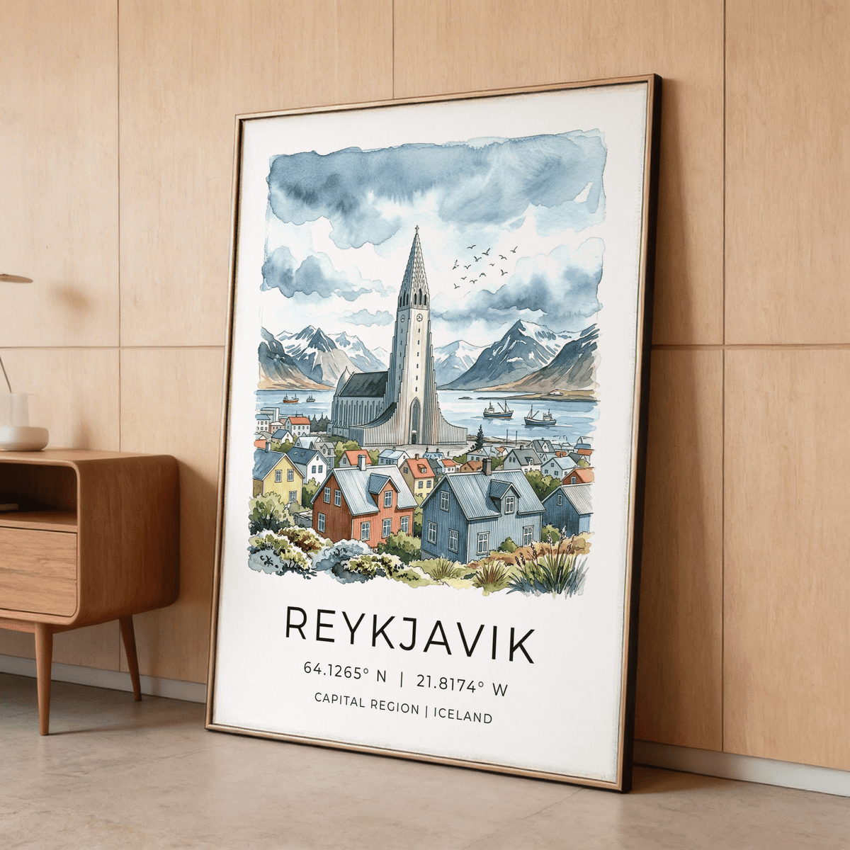 Nordic travel poster style cityscape with distant snow-capped peaks and small fishing boats