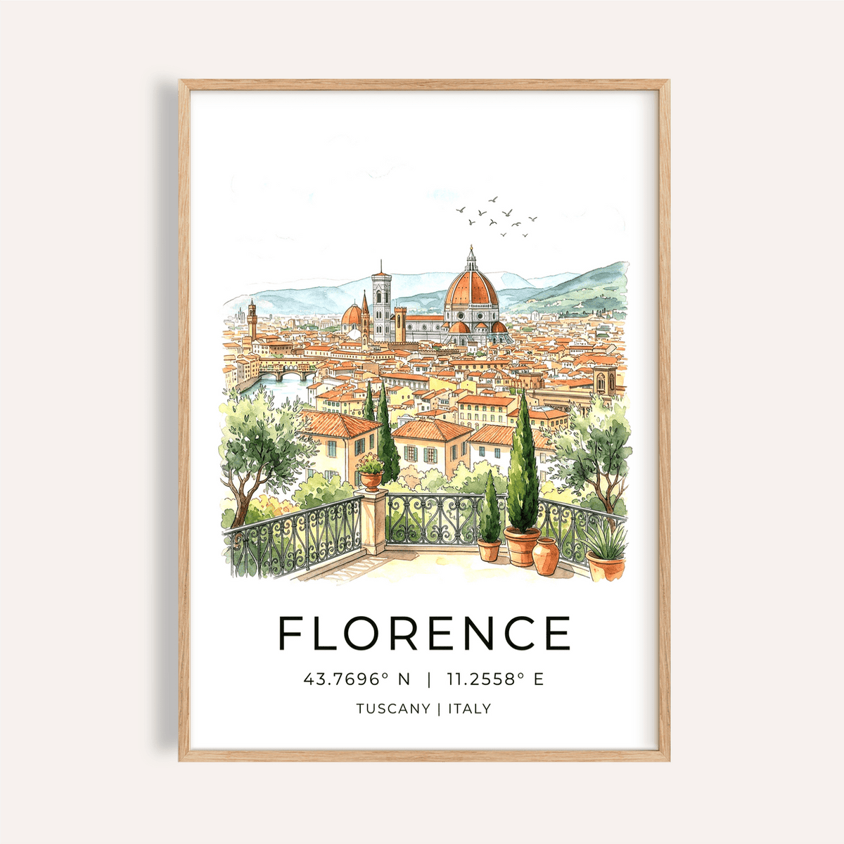 Florence Italy Art Print on wall above wooden console with plants