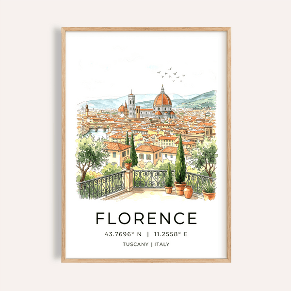 Florence Italy Art Print on wall above wooden console with plants