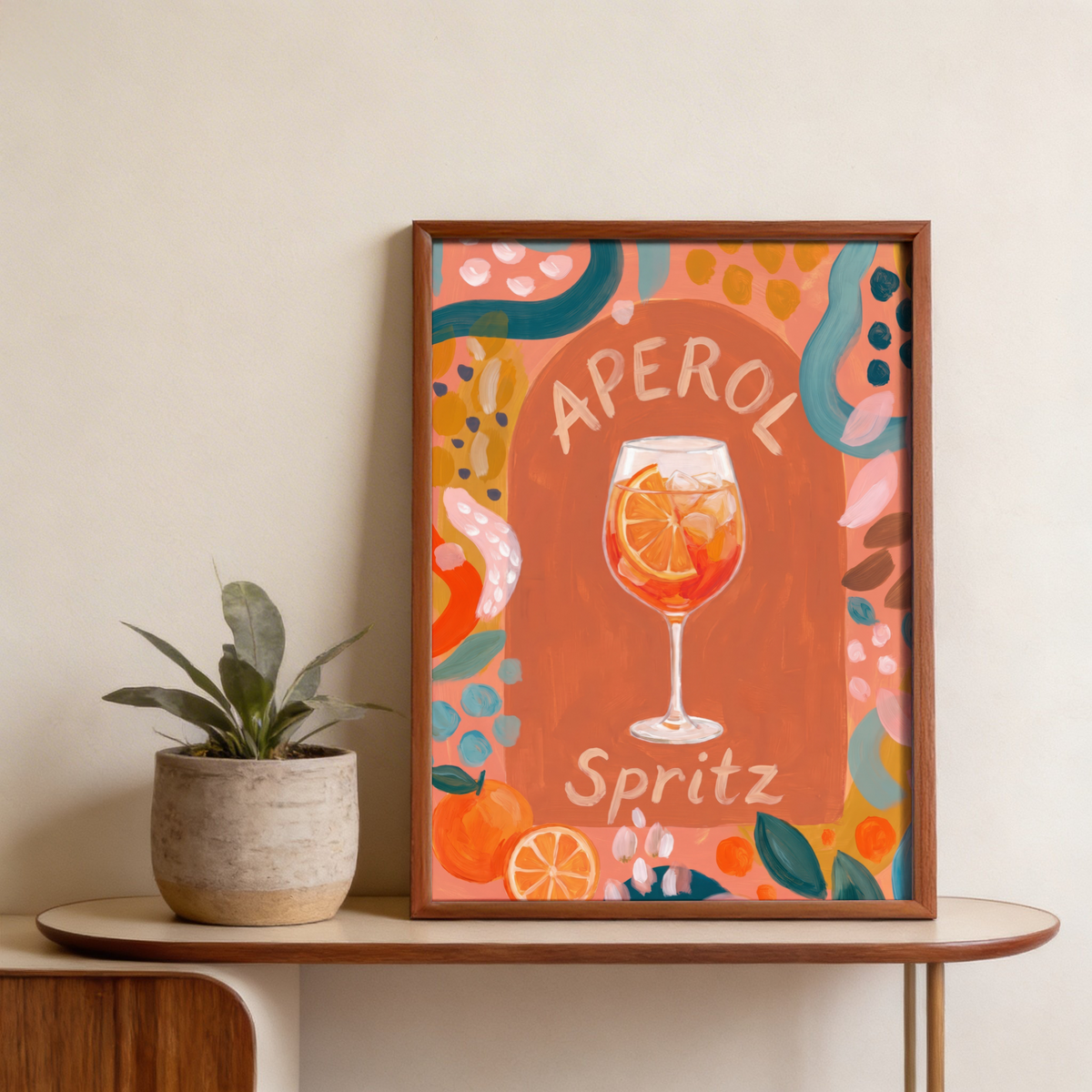 Depicting illustrated drinks print with arched backdrop and scattered brush-mark patterns