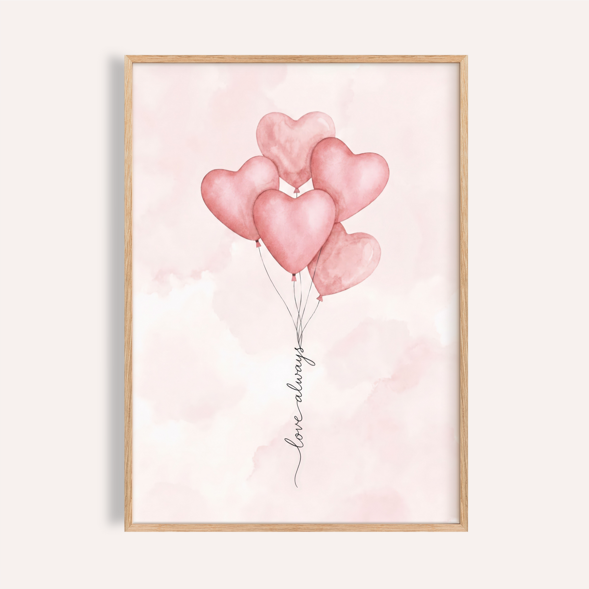 Watercolor heart balloons poster with thin strings and soft wash background