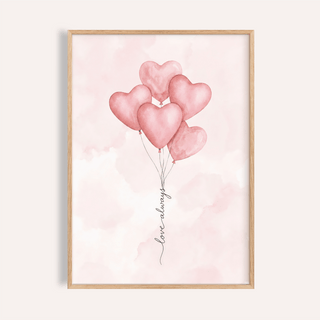 Framed print of Love Heart Balloon Art Print showing heart-shaped balloons in soft pink watercolour style