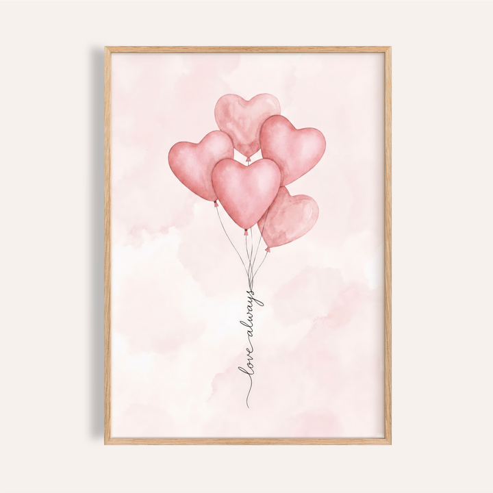 Watercolor heart balloons poster with thin strings and soft wash background
