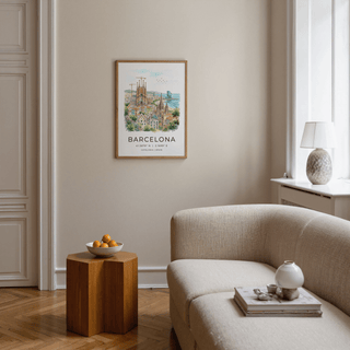 Illustrated Barcelona skyline wall art print showing cranes over cathedral towers