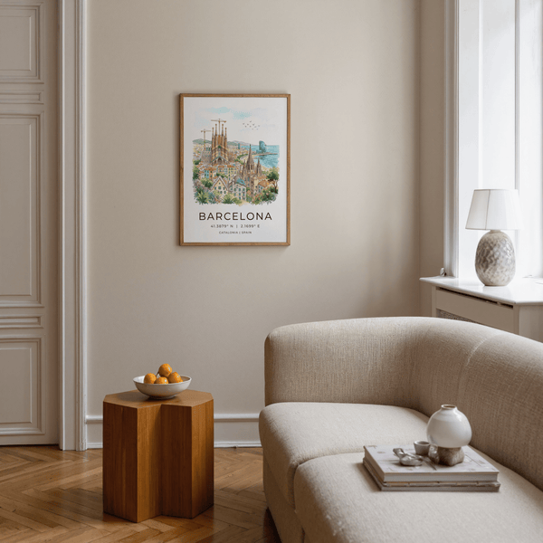 Illustrated Barcelona skyline wall art print showing cranes over cathedral towers