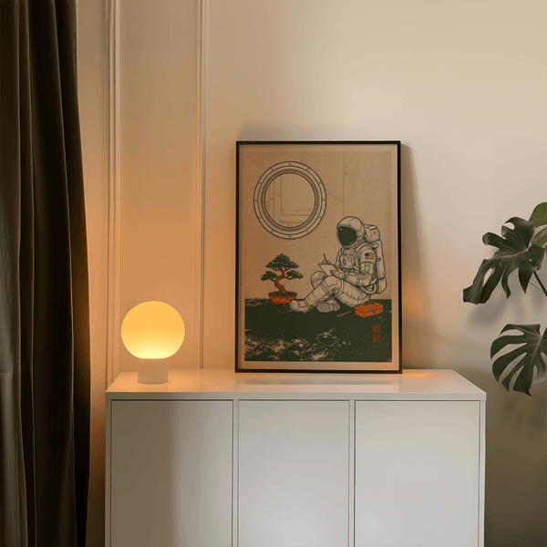 Space Astronaut Art Print suitable for office decor, Green, Beige, Orange colors