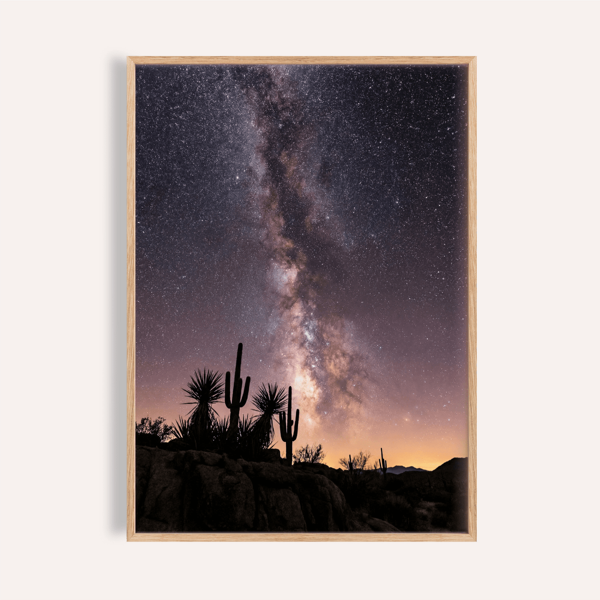 Cactus Night Print wall art with Black, Pink, Purple, and Yellow colors for living room