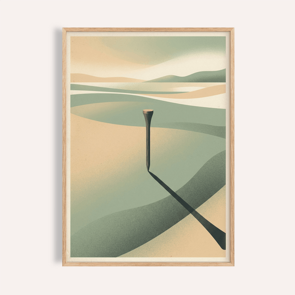 Minimalist Landscape Art Print of layered hills, lone post, diagonal shadow
