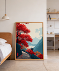 Japanese-inspired wall print of pagoda temple amid autumn leaves