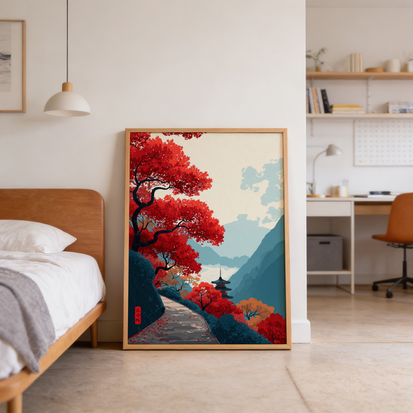Japanese-inspired wall print of pagoda temple amid autumn leaves