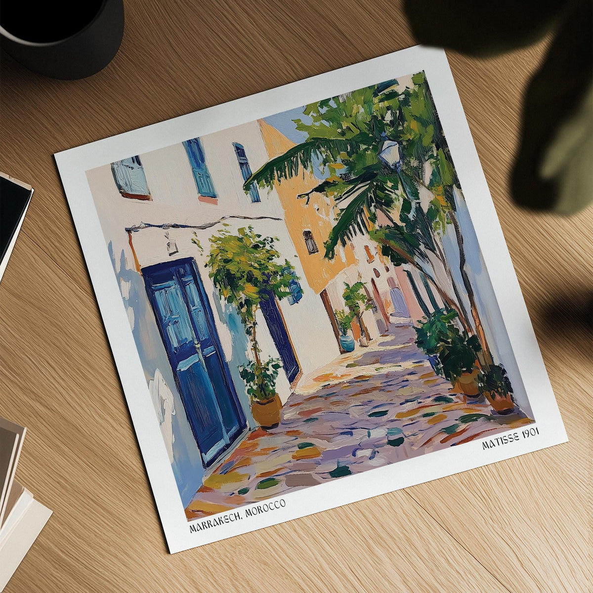 Blue doors and textured brushstrokes featured in Morocco Wall Art print.
