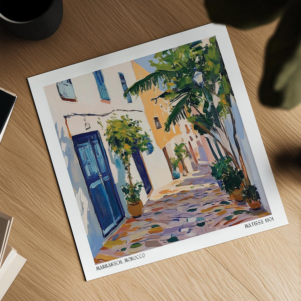 Blue doors and textured brushstrokes featured in Morocco Wall Art print.
