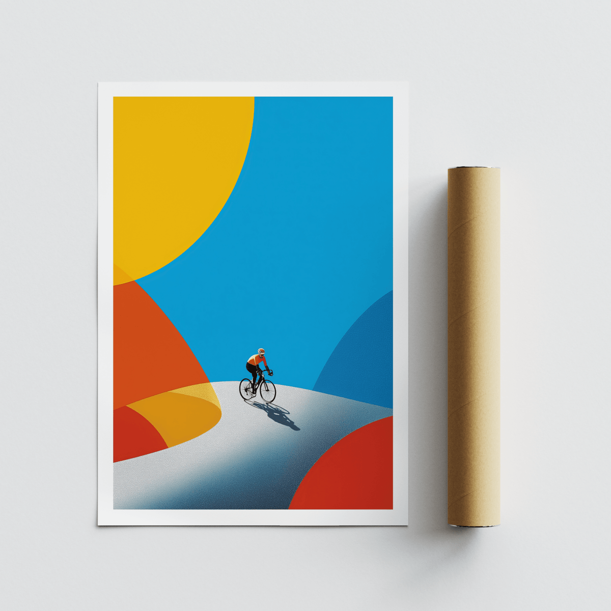 Minimalist cycling poster print with small rider, open negative space, and sweeping curved shapes