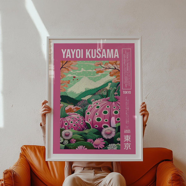 Wall art with pink pumpkins, floral fields, and Mount Fuji in the distance.